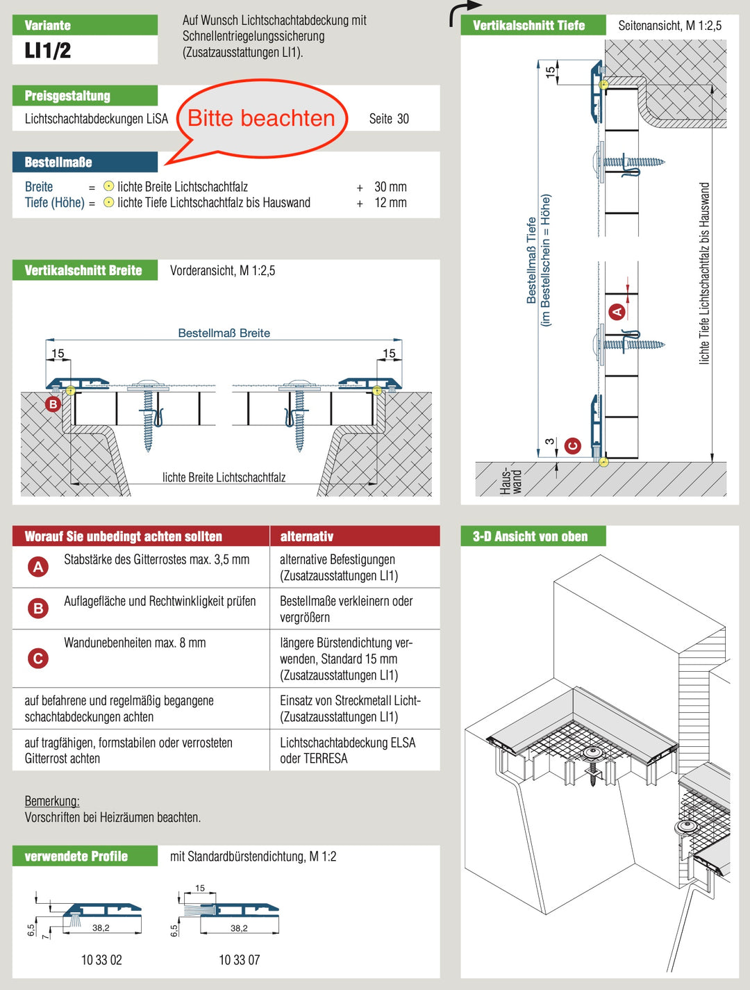 Neher Lichtschachtabdeckung LiSA 1.2 mit 3-seitiger Auflage und Wandanschluss Produktblatt, Insekten bleiben draussen
